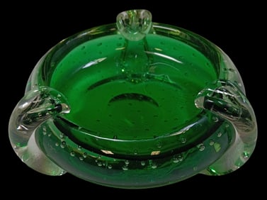 Vintage Mid-Century Modern Green Art Glass Ashtray
