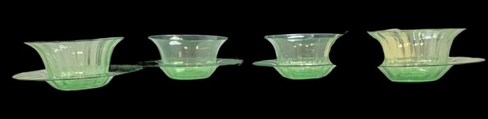 Vintage Set of 4 Art Deco Green Glass Bowls & Saucers