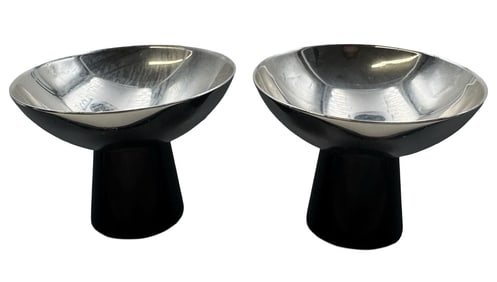 Pair of Vintage Mid-Century Japanese Silverplate Miniature Sake Bowls /w Plastic Base