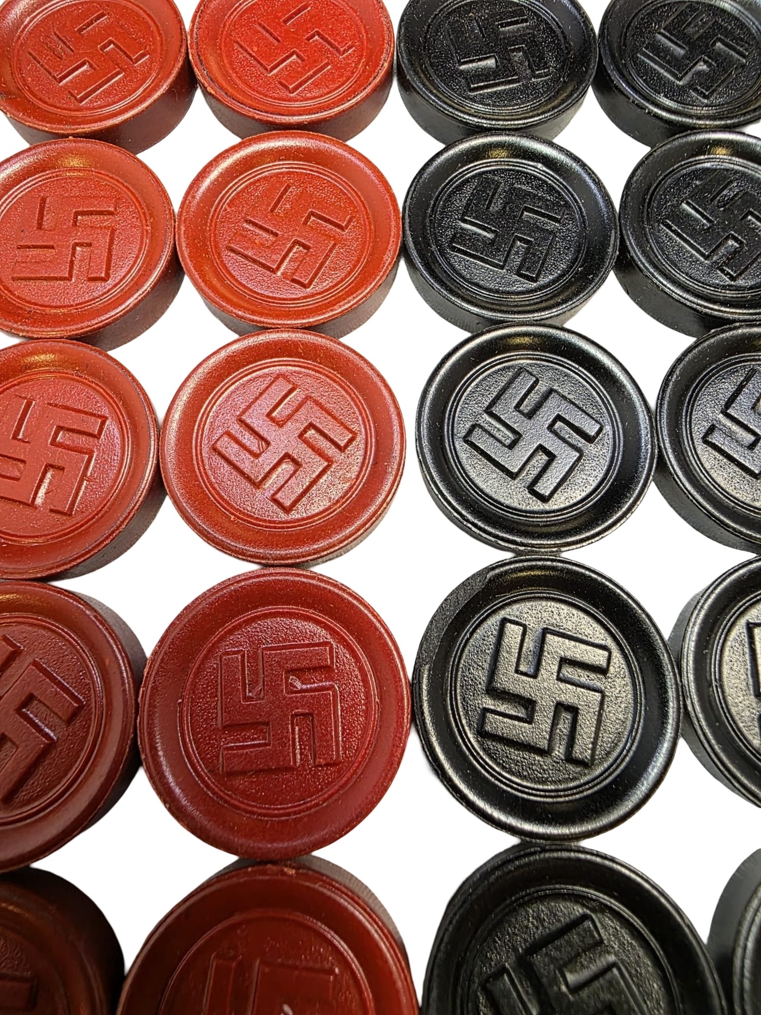Rare Vintage 1930s Backgammon Chips /w Swastika Symbol in Original Box: Very good vintage condition with minor wear according to age; complete. Each chip measures approx. 1" in diameter and is likely made of bakelite. Comes in the original box.