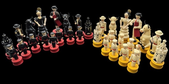 Vintage Spanish Folk Art Wood Flamenco Dancers & Matador Bullfighters Chess Set