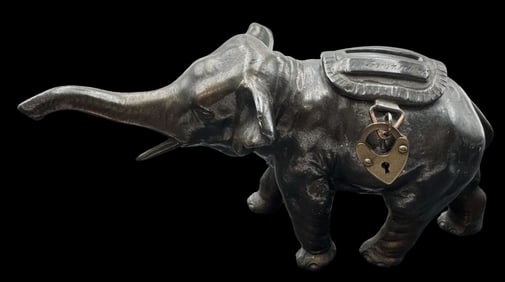 Antique European Silverplate Metal Elephant Coin Bank / Money Box