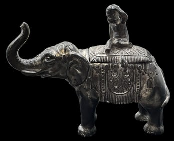 Antique European Silverplate Metal Elephant Coin Bank / Money Box