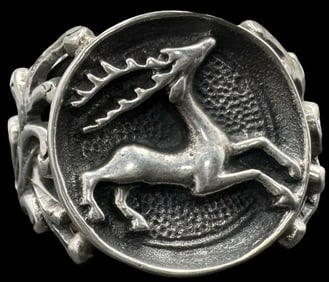 Incredibly Ornate Vintage European Sterling Silver Hunter Ring /w Deer