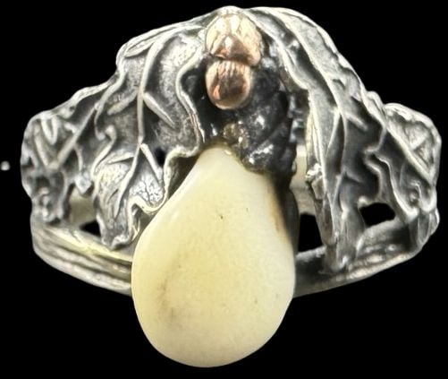 Unusual Vintage European Alpine 835 Silver Hunter Ring /w Deer Tooth: Very good vintage condition with minor patina according to age. Measures approx. 3/4" long and 1/2" wide and weighs ca. 5.9 grams. The ring is a size 9. Marked for 835 (83.5%) Silver. SHIPPING: We shi