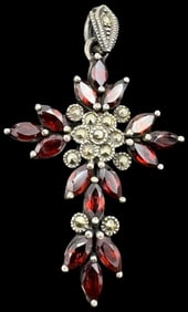 Beautiful Vintage European Sterling Silver, Marcasite & Red Garnet Cross Pendant