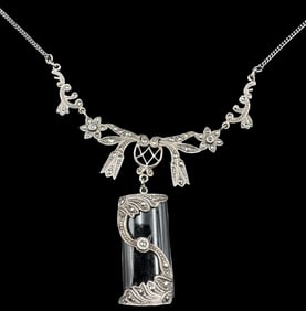 Beautiful Ornate Vintage Sterling Silver, Marcasite & Black Onyx Collier Necklace