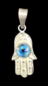 Vintage Oriental Sterling Silver Hamsa Evil Eye of Fatima Protective Pendant Charm