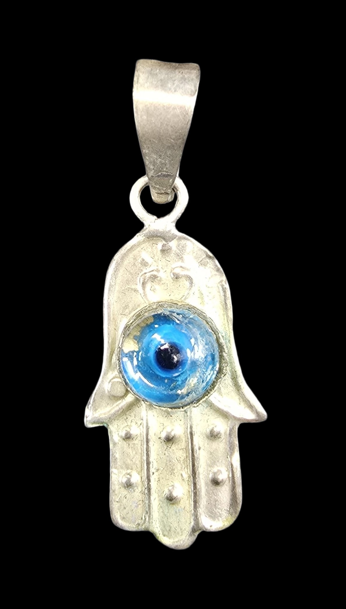 Vintage Oriental Sterling Silver Hamsa Evil Eye of Fatima Protective Pendant Charm (1 of 4)