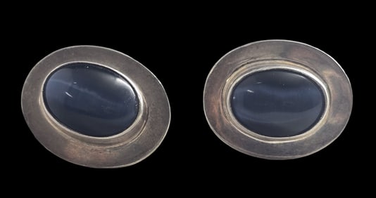 Unusual Vintage Mexican Sterling Silver & Blue Gemstone Clip-On Earrings