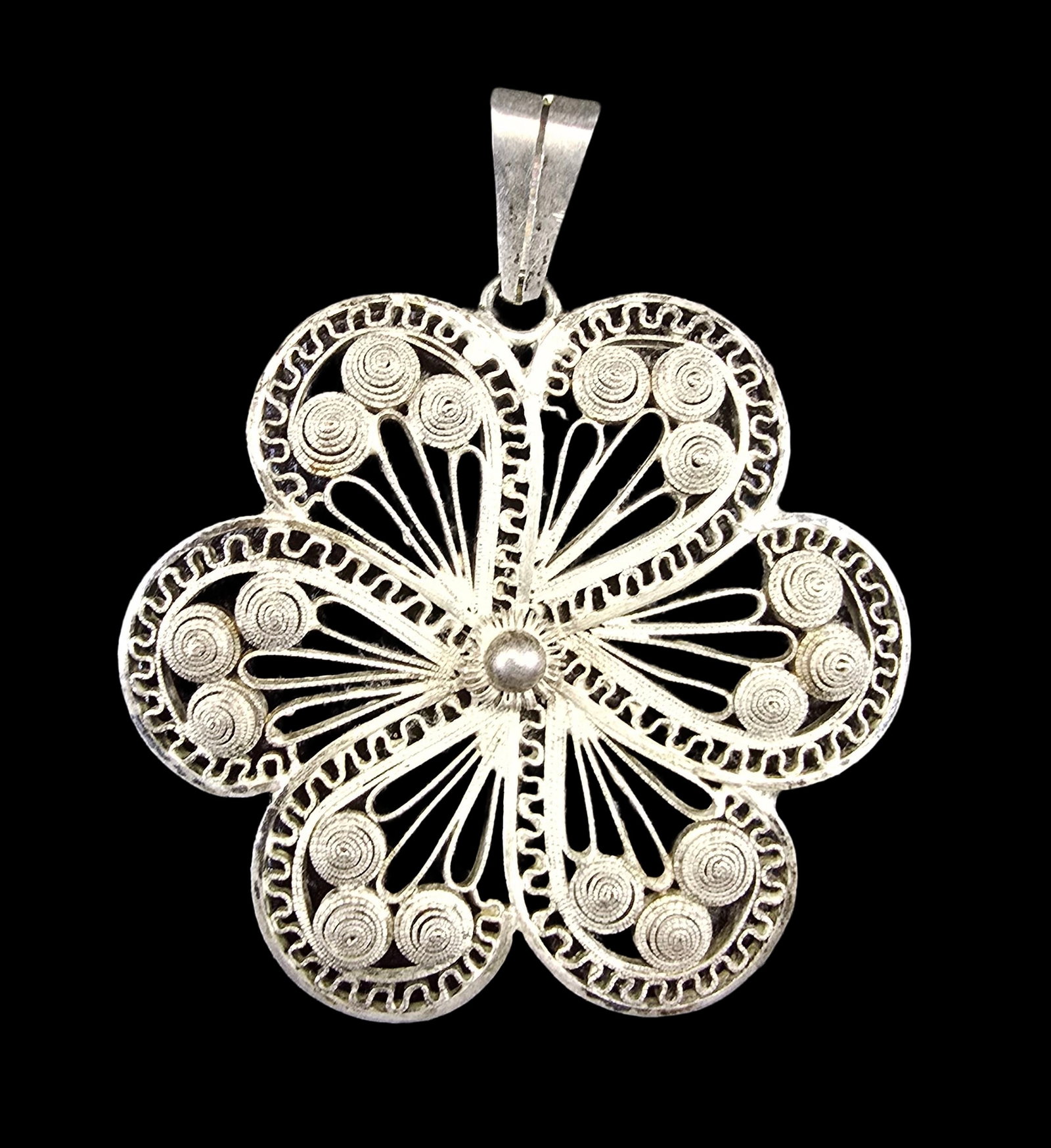 Ornate Vintage Handmade European 800 Silver Designer Filigree Pendant: Very good vintage condition with minor patina according to age. Measures approx. 2" long x 2" wide and weighs ca. 7 grams. Stamped "800" for 80% silver and signed. SHIPPING: We ship in-house and charg