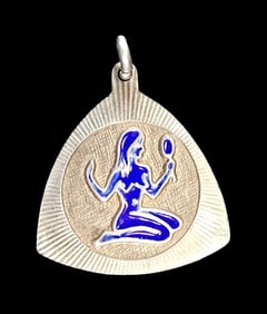 Unusual Vintage 900 Silver & Blue Enamel Designer Pendant Charm /w Seated Woman