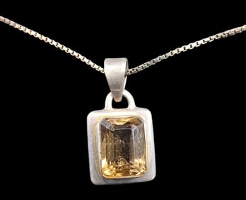 Vintage Mid-Century Sterling Silver & Madeira Citrine Pendant Necklace