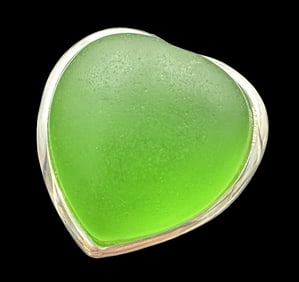 Vintage European Sterling Silver & Green Murano Glass Heart Shaped Designer Ring