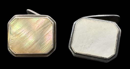 Vintage Mid-Century European 835 Silver & Mother of Pearl Cufflinks