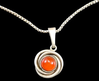 Vintage Mid-Century Modern European 835 Silver & Orange-Red Gemstone Pendant Necklace