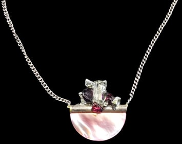 Unusual Vintage Sterling Silver, MOP & Gemstone Pendant Necklace