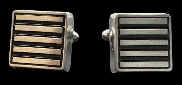 Stylish Vintage STRELLSON Switzerland Silver Metal & Black Enamel Cufflinks