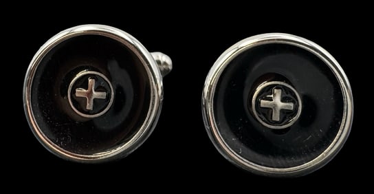 Stylish Vintage STRELLSON Switzerland Silver Metal & Black Enamel Cufflinks