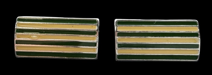 Stylish Vintage Silver Metal Green & Yellow Enamel Cufflinks
