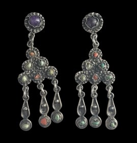 Vintage Mid-Century Mexican MATL Style Sterling Silver & Gemstone Dangle Earrings