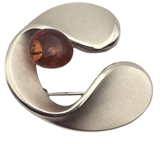 Vintage Mid-Century Modern European 835 Silver & Amber Brooch