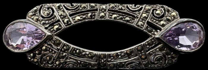 Beautiful Vintage Sterling Silver, Marcasite & Amethyst Brooch Pin