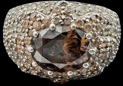 Stylish Vintage Sterling Silver Cluster Ring /w Brown Gemstones