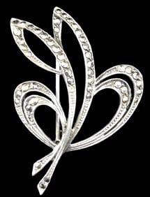 Vintage Mid-Century  European 800 Silver & Marcasite Designer Leaf Brooch Pin