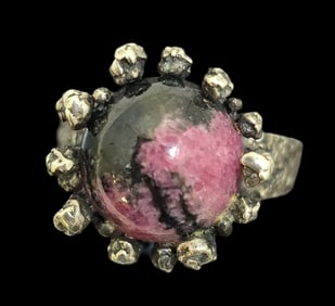 Vintage Mid-Century Modern Brutalist Sterling Silver & Rhodonite Designer Ring