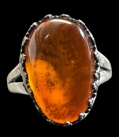 Very Unusual Vintage Mid-Century Modern Sterling Silver & Amber Designer Ring