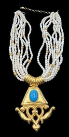 Vintage TAKI Gilt Sterling Silver, Pearls & Blue Gemstone Designer Pendant Necklace