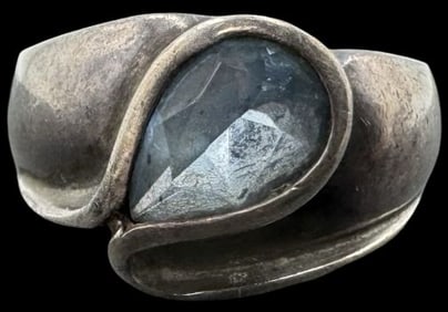 Stylish Vintage Mid-Century Modern Sterling Silver Ring /w Blue Gemstone
