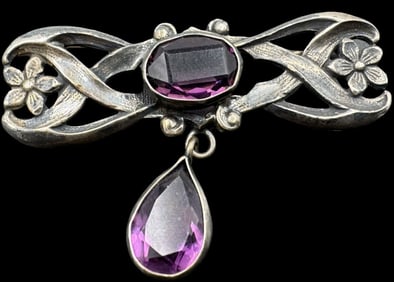 Ornate Vintage European 835 Silver & Purple Gemstone Floral Brooch Pin