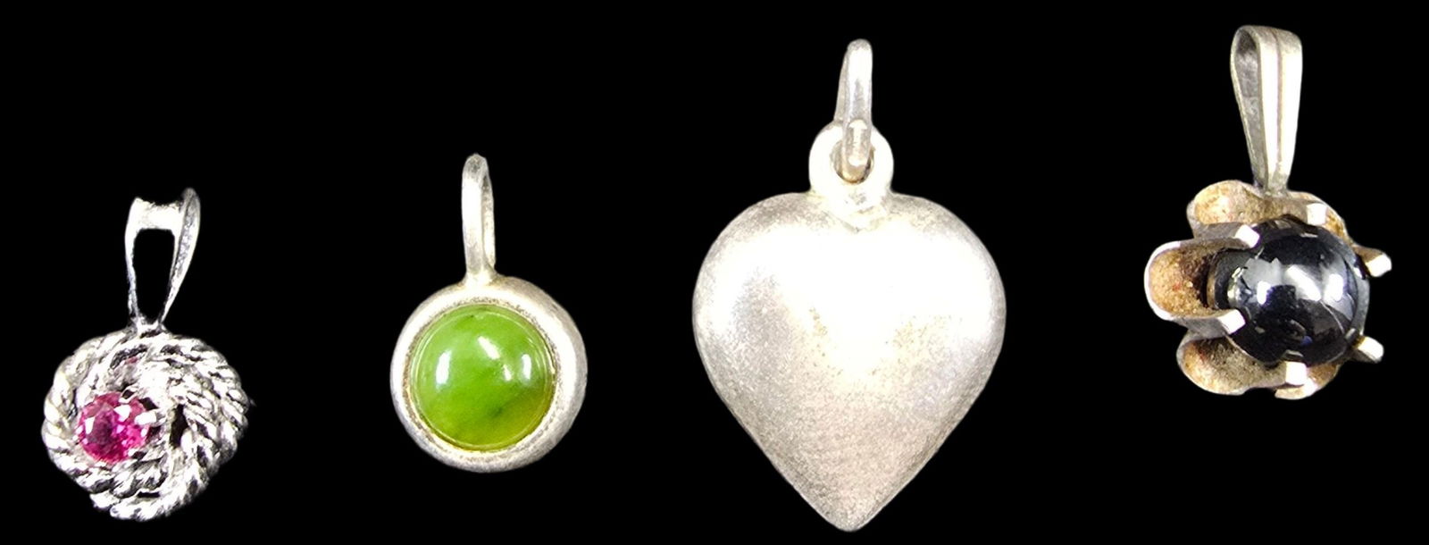 Lot of 4 Silver Pendant Charms: Very good vintage condition with minor patina according to age. Each measures approx. 1" long and weighs ca. 1 gram. Marked for different silver purities. SHIPPING: We ship in-house and charge a flat