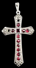 Antique European 800 Silver, Marcasite & Red Gemstone Religious Christian Cross Pendant
