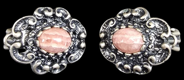 Ornate Vintage European Alpine Sterling Silver & Pink Gemstone Clip-On Earrings