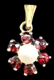 Vintage European 835 Silver, Pearl & Red Gemstone Pendant