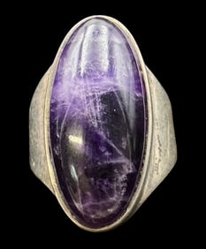 Stylish Vintage Mid-Century Sterling Silver & Amethyst Designer Ring