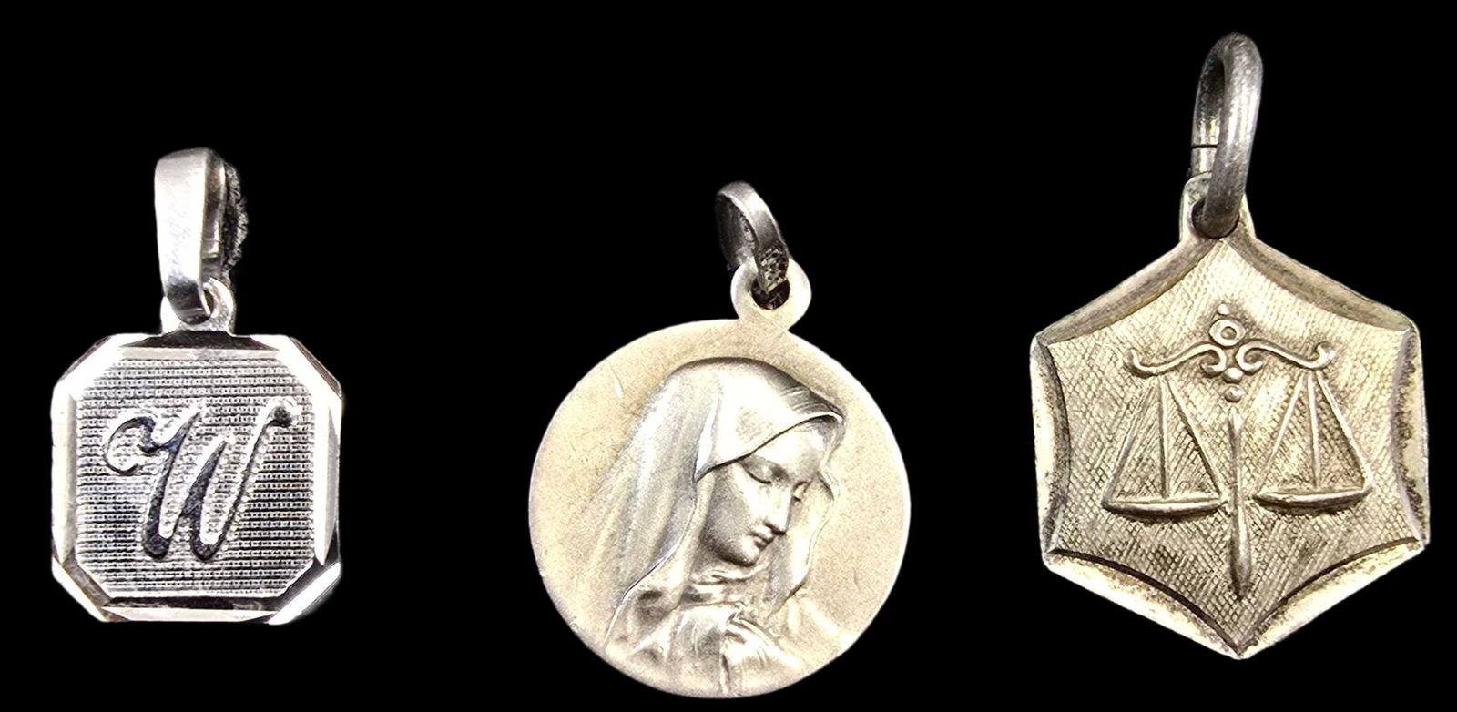 Lot of 3 Silver Pendant Charms: Very good vintage condition with minor patina according to age. Each measures approx. 1/2" high and weighs between 1 - 2 grams. Partially marked; Tested for silver. SHIPPING: We ship in-house and char