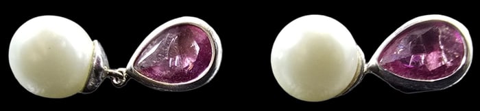 Pair of Vintage Sterling Silver, Pearl & Pink Gemstone Dangle Earrings