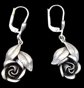 Beautiful Vintage Sterling Silver Rose Dangle Earrings