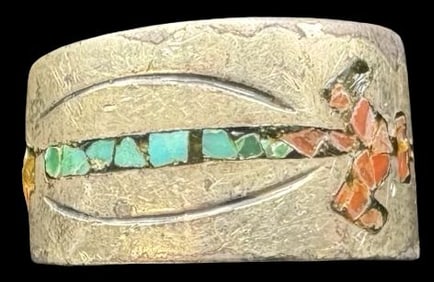 Unusual Vintage Native American Sterling Silver & Inlaid Gemstones Ring