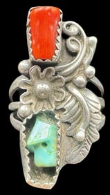 Ornate Vintage Native American Navajo Sterling Silver, Turquoise & Red Gemstone Nugget Ring