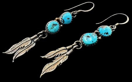 Ornate Vintage Native American RUNNING BEAR TRADING Sterling Silver & Turquoise Feather Design