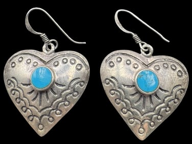 Ornate Vintage Sterling Silver & Turquoise Heart Shaped Earrings