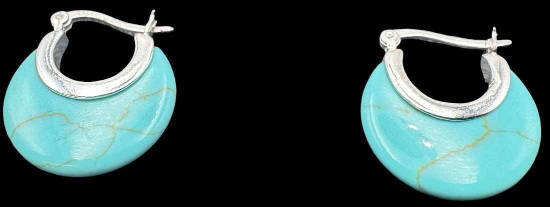 Beautiful Vintage Sterling Silver & Turquoise Earrings: Very good vintage condition with minor patina according to age. Each measures approx. 7/8" long x 3/4" wide and they jointly weigh ca. 4.9 grams. Marked for Sterling Silver. SHIPPING: We ship in-house