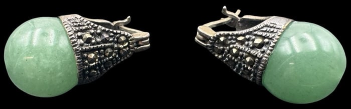 Beautiful Vintage Sterling Silver, Marcasite & Jade  Earrings