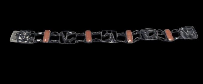 Unusual European Arts & Crafts Lion Design Metal Bracelet /w Orange Enamel