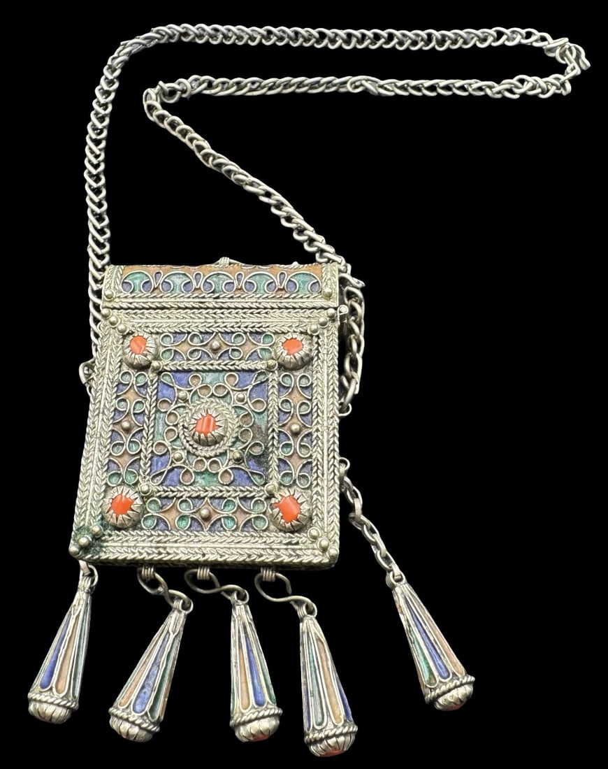 Antique Moroccan Handmade Silver Metal & Enamel Prayer Box Pendant Necklace (1 of 7)